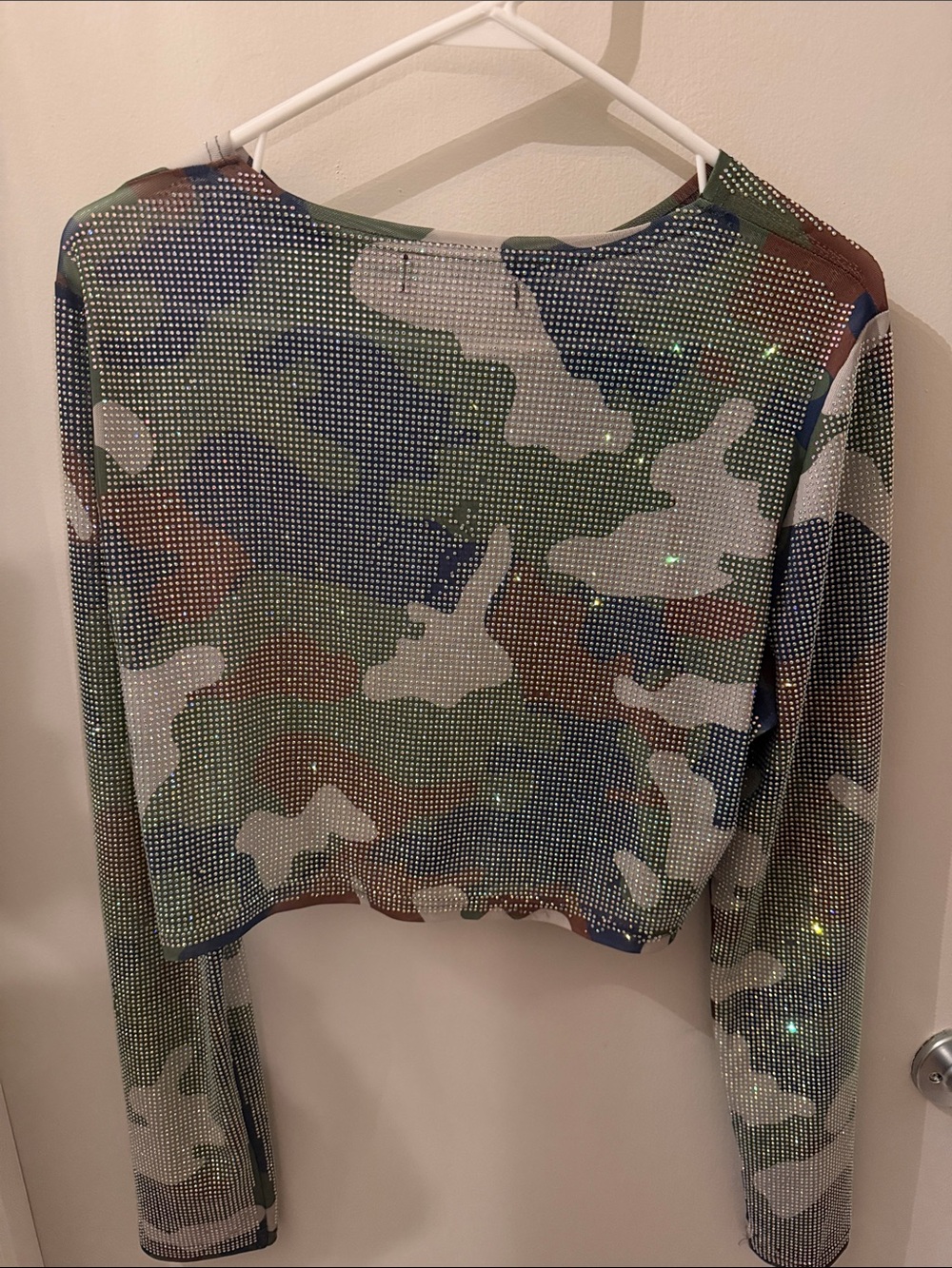 AKIRA Green Camo Sheer Rhinestone Long Sleeve Top - Picture 3 of 4